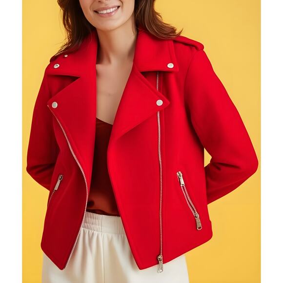 Burberry Blue Label Red Wool Moto Jacket Size 38 Small - Picture 1 of 12